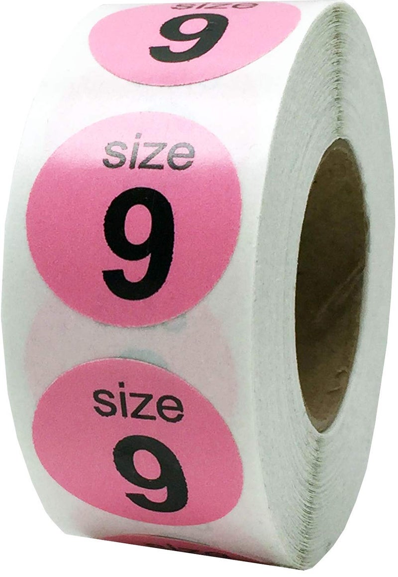 Shoe Size 9 Pink Stickers for Retail Clothing â€“ 3/4 Inch Round, 500 Semi-Gloss Adhesive Labels Per Roll for Footwear Inventory, Organization, and Display â€“ Made in The USA